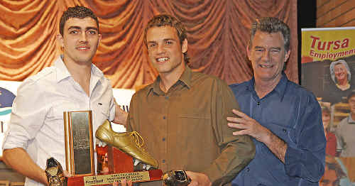 Golden Boot winners Max Latimer (Italo Stars) and Jordy Campbell (Byron Bay) with The Echo’s sales manager Mark Robinson Golden Boot winners Max Latimer (Italo Stars) and Jordy Campbell (Byron Bay) with The Echo’s sales manager Mark Robinson
