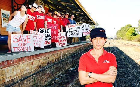 Trains On Our Tracks president Karin Kolbe at Lismore Railway Station yesterday with TOOT members, from left, Michelle Carmicheal of South Lismore, Dawn Wenban of Mullumbimby, Louise Doran of Ocean Shores, Dave Wenban of Mullumbimby, Paul Brecht of Mullumbimby, Nick Casmirri of Goonellabah, Byron councillor Basil Cameron, Lismore councillor Simon Clough and John Challinor of South Lismore. Trains On Our Tracks president Karin Kolbe at Lismore Railway Station yesterday with TOOT members, from left, Michelle Carmicheal of South Lismore, Dawn Wenban of Mullumbimby, Louise Doran of Ocean Shores, Dave Wenban of Mullumbimby, Paul Brecht of Mullumbimby, Nick Casmirri of Goonellabah, Byron councillor Basil Cameron, Lismore councillor Simon Clough and John Challinor of South Lismore.
