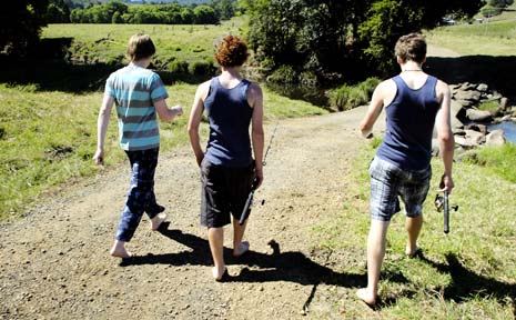 The boys head for their local fishing hole where they found $100,000 in cash wrapped in plastic. The boys head for their local fishing hole where they found $100,000 in cash wrapped in plastic.