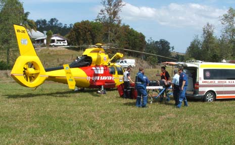 The helicopter attending to the accident at Gradys Creek, north of Kyogle. The helicopter attending to the accident at Gradys Creek, north of Kyogle.