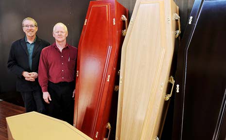 GREEN CHOICE: Office manager Steve Cooke (left) and business owner Lee Bassett, of South Lismore’s Leaving Lightly, with a selection of cardboard coffins GREEN CHOICE: Office manager Steve Cooke (left) and business owner Lee Bassett, of South Lismore’s Leaving Lightly, with a selection of cardboard coffins