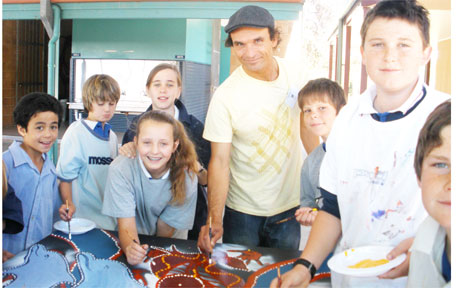 Aboriginal artist Anthony Walker teaches St Finbarr’s students the use and meanings of key Aboriginal symbols. Aboriginal artist Anthony Walker teaches St Finbarr’s students the use and meanings of key Aboriginal symbols.