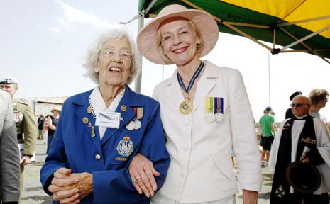 Jean Haughton-James, patron of the Memorial Aerodrome Committe and Evans Head Living Museum, and Governor-General Quentin Bryce during the RAAF reunion at the Evans Head aerodrome. Jean Haughton-James, patron of the Memorial Aerodrome Committe and Evans Head Living Museum, and Governor-General Quentin Bryce during the RAAF reunion at the Evans Head aerodrome.