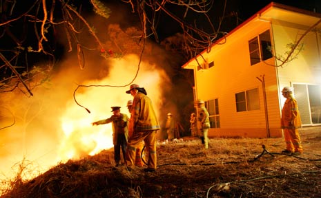 RED ALERT: Fire officer Trevor Kidd gives directions to crews as they backburn behind homes in Forbes Avenue, Frenchville on Saturday night. RED ALERT: Fire officer Trevor Kidd gives directions to crews as they backburn behind homes in Forbes Avenue, Frenchville on Saturday night.