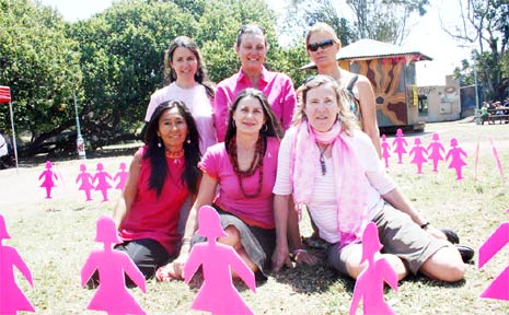 Byron Mayor Cr Jan Barham (front centre) is pictured in a ring of pink ladies with Corinne Martin from the New South Wales Cancer Council (left rear), Helen Parker, Tara Langenbruch, Rumi Shimokawa and Marian van der Kroon. Byron Mayor Cr Jan Barham (front centre) is pictured in a ring of pink ladies with Corinne Martin from the New South Wales Cancer Council (left rear), Helen Parker, Tara Langenbruch, Rumi Shimokawa and Marian van der Kroon.