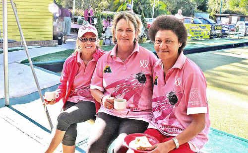 Pretty in pink – Nimbin Bowling Club Ladies Committee members Pat MacDonald, Sharon Eldridge and Viola Asi at last year’s Pink Ribbon Day event. Pretty in pink – Nimbin Bowling Club Ladies Committee members Pat MacDonald, Sharon Eldridge and Viola Asi at last year’s Pink Ribbon Day event.