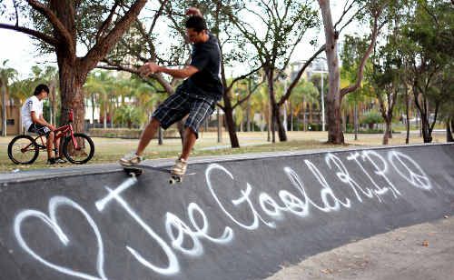 Herb Faust has a skate in his brother's honour at the Coolangatta skate park memorial on Saturday. Herb Faust has a skate in his brother's honour at the Coolangatta skate park memorial on Saturday.