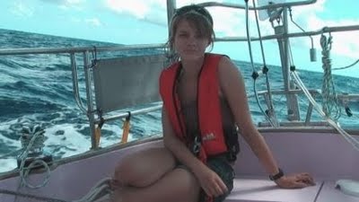 First picture of Jessica Watson at sea on her boat Ella's Pink Lady. First picture of Jessica Watson at sea on her boat Ella's Pink Lady.