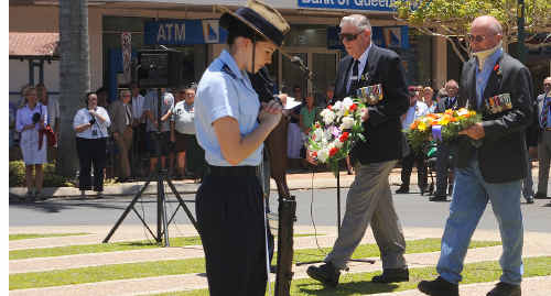 Cadet Sgt Georgia Hannah stands at her post as Henry Garrick, Roger Keegan, James McCauley, Vince Holt and Ian Games lay their wreaths. Cadet Sgt Georgia Hannah stands at her post as Henry Garrick, Roger Keegan, James McCauley, Vince Holt and Ian Games lay their wreaths.