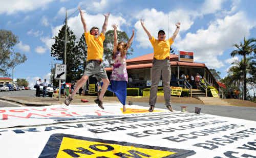 David Paton, Paula Hamond and Lis Paton were jumping for joy at the announcement by Federal Environment Minister Peter Garrett that the proposed Traveston Crossing dam was going to be scratched. David Paton, Paula Hamond and Lis Paton were jumping for joy at the announcement by Federal Environment Minister Peter Garrett that the proposed Traveston Crossing dam was going to be scratched.