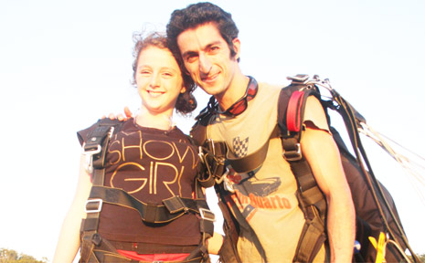 Maya Moses with dad Alby after her first jump. Maya Moses with dad Alby after her first jump.