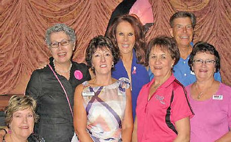Josephine Saunders, Jenny Dowell, Sharon Dowling, Rhonda Burchmore, Gae Ferris, Bob Anderson, Kay Meredith and Andrew Heap (front) at the pink and blue b reakfast. Josephine Saunders, Jenny Dowell, Sharon Dowling, Rhonda Burchmore, Gae Ferris, Bob Anderson, Kay Meredith and Andrew Heap (front) at the pink and blue b reakfast.