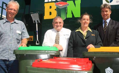 Tweed Shire councillor Barry Longland, Mayor Warren Polglase, Solo Resource Recovery administration director Gillian Richards and commercial director Robert Richards officially launched the Tweed’s new multi-bin system in October. Tweed Shire councillor Barry Longland, Mayor Warren Polglase, Solo Resource Recovery administration director Gillian Richards and commercial director Robert Richards officially launched the Tweed’s new multi-bin system in October.