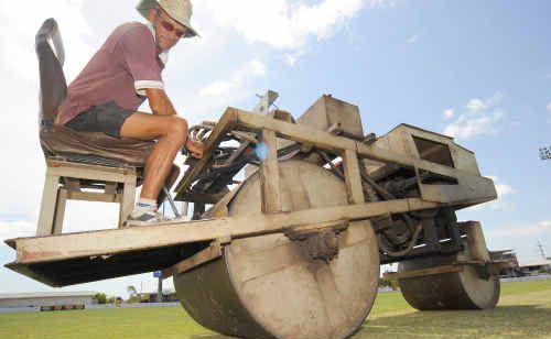 Salter Oval curator Paul Denning prepares the pitch on the main oval for the first time this season. Salter Oval curator Paul Denning prepares the pitch on the main oval for the first time this season.