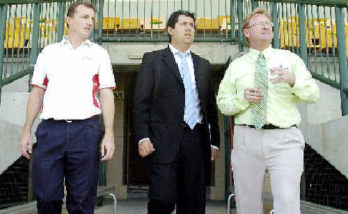 Lismore City Councillor, Isaac Smith (left), and Football Far North Coast general manager, Steve Mackney (right), take Jaime Gomez, FFA project officer, on a tour of the facilities at Oakes Oval, Lismore, yesterday. Lismore City Councillor, Isaac Smith (left), and Football Far North Coast general manager, Steve Mackney (right), take Jaime Gomez, FFA project officer, on a tour of the facilities at Oakes Oval, Lismore, yesterday.