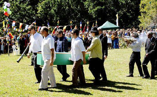 Family and friends carry Jai Morcom’s coffin during his funeral service in Heritage Park, Mullumbimby, after his death in August. Family and friends carry Jai Morcom’s coffin during his funeral service in Heritage Park, Mullumbimby, after his death in August.