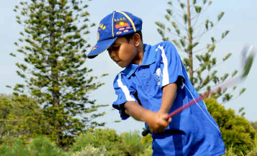 John Hickey practises his drive on the 10th at Yamba golf course. John Hickey practises his drive on the 10th at Yamba golf course.