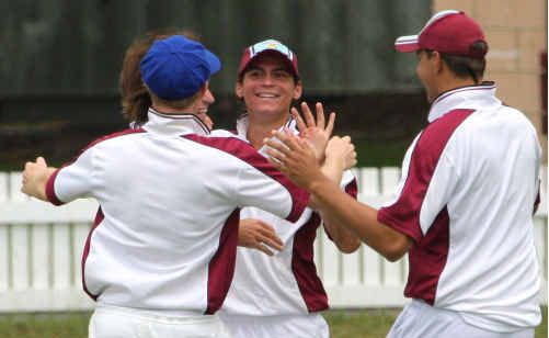 Brothers fieldsmen celebrate the fall of a South wicket at Ellem Oval on Saturday. Brothers fieldsmen celebrate the fall of a South wicket at Ellem Oval on Saturday.