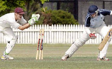 Ballina Bears batsman Aaron Jeal narrowly escapes being stumped by Tintenbar-East Ballina wicketkeeper Scott Hogden at Fripp Oval, Ballina, on Saturday. Ballina Bears batsman Aaron Jeal narrowly escapes being stumped by Tintenbar-East Ballina wicketkeeper Scott Hogden at Fripp Oval, Ballina, on Saturday.