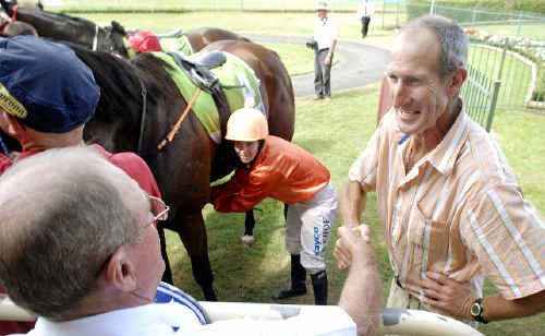 River Street trainer Andrew Pilling (right) is congratulated by fellow trainer, Terry Commerford, at Ballina on Saturday as jockey Emily Kehoe (centre) looks on. River Street trainer Andrew Pilling (right) is congratulated by fellow trainer, Terry Commerford, at Ballina on Saturday as jockey Emily Kehoe (centre) looks on.