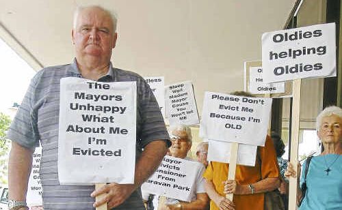 Keith List and Oldies Angels members protest Mr List’s eviction from Finemore Holiday Park. Keith List and Oldies Angels members protest Mr List’s eviction from Finemore Holiday Park.