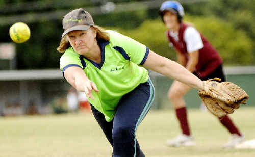 Kathy Johns in action on the mound for Breakaways in their Far North Coast softball clash with Dodgers Saints at Albert Park, Lismore, last Saturday. Kathy Johns in action on the mound for Breakaways in their Far North Coast softball clash with Dodgers Saints at Albert Park, Lismore, last Saturday.