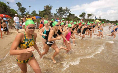 The start of the women’s Convent to Main Beach 2km swim last year in Yamba. The start of the women’s Convent to Main Beach 2km swim last year in Yamba.
