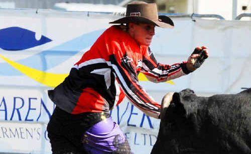 Bullfighter of the Year Joel Chevalley distracts a bull during Sunday’s Maclean Twilight Rodeo. Bullfighter of the Year Joel Chevalley distracts a bull during Sunday’s Maclean Twilight Rodeo.