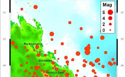 A map of the Gladstone and neighbouring regions indicating earthquake incidences and intensity. A map of the Gladstone and neighbouring regions indicating earthquake incidences and intensity.