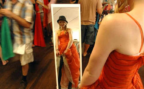 Laura Anderson, of Grafton, gets adventurous at Yamba's first Vintage Retro and Recycled Clothing Fair yesterday. Laura Anderson, of Grafton, gets adventurous at Yamba's first Vintage Retro and Recycled Clothing Fair yesterday.