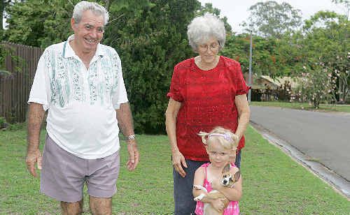 Romeo and Anne Giannangelo walk along their quiet cul-de-sac with great-grand-daughter Maddison Finlay and pup Chicko. Romeo and Anne Giannangelo walk along their quiet cul-de-sac with great-grand-daughter Maddison Finlay and pup Chicko.
