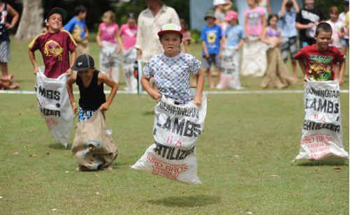 Winning his sack race in leaps and bounds is Ji Thompson, 8, of Mudgee Winning his sack race in leaps and bounds is Ji Thompson, 8, of Mudgee
