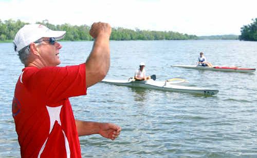 Coach Grant Olds gives advice on efficient paddling to Rockhampton’s teenage outriggers. Coach Grant Olds gives advice on efficient paddling to Rockhampton’s teenage outriggers.