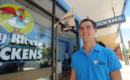 Owner-operator of the Big River Chickens and Big Rig River Pizzas, Brendan Albert, stands outside his new shop. Owner-operator of the Big River Chickens and Big Rig River Pizzas, Brendan Albert, stands outside his new shop.