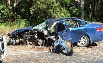 TWO people were left injured after a car left the road and collided with a tree on the Iluka Road yesterday afternoon. The front of the car was demolished upon impact. TWO people were left injured after a car left the road and collided with a tree on the Iluka Road yesterday afternoon. The front of the car was demolished upon impact.