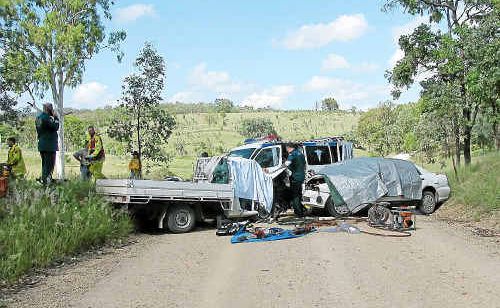 The scene of an accident at Yarrol, between Monto and Mt Perry, where two men were killed last week. The road’s condition has sparked calls for an upgrade. Photo: AGL ACTION RESCUE HELICOPTER The scene of an accident at Yarrol, between Monto and Mt Perry, where two men were killed last week. The road’s condition has sparked calls for an upgrade. Photo: AGL ACTION RESCUE HELICOPTER