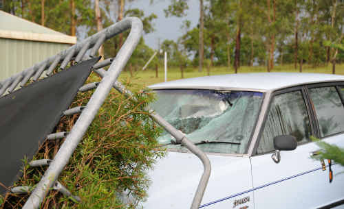 The strong winds during yesterday’s storm picked up this trampoline and smashed it into a car at Clarenza. The strong winds during yesterday’s storm picked up this trampoline and smashed it into a car at Clarenza.
