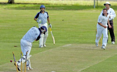Ballina Bears batsman Toby Hordern has a lucky escape after being bowled off a no-ball by Marist Brothers’ Steve Prosser in the match at Nielson Park, East Lismore, on Saturday. Ballina Bears batsman Toby Hordern has a lucky escape after being bowled off a no-ball by Marist Brothers’ Steve Prosser in the match at Nielson Park, East Lismore, on Saturday.
