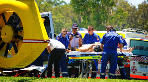 A 51-YEAR-old Queensland man is worked on by ambulance and Westpac life Saver Rescue Helicopter crew after an accident on the Clarence River near the Seelands Caravan Park. A 51-YEAR-old Queensland man is worked on by ambulance and Westpac life Saver Rescue Helicopter crew after an accident on the Clarence River near the Seelands Caravan Park.