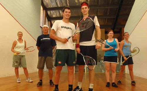 Morgan and brother Cameron Pilley (centre) show locals how to play on the Yamba Squash Courts on Wednesday. Philippa Treeweek, Barry Serjeant, Gemma Greenland and Heather Pilley were there to pick up some tips. Morgan and brother Cameron Pilley (centre) show locals how to play on the Yamba Squash Courts on Wednesday. Philippa Treeweek, Barry Serjeant, Gemma Greenland and Heather Pilley were there to pick up some tips.