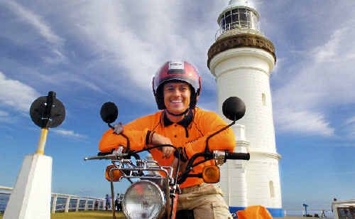 TV personality Grant Denyer marks his return to Sunrise by making his way from Byron Bay to Denham, in Western Australia, on a postie bike. TV personality Grant Denyer marks his return to Sunrise by making his way from Byron Bay to Denham, in Western Australia, on a postie bike.
