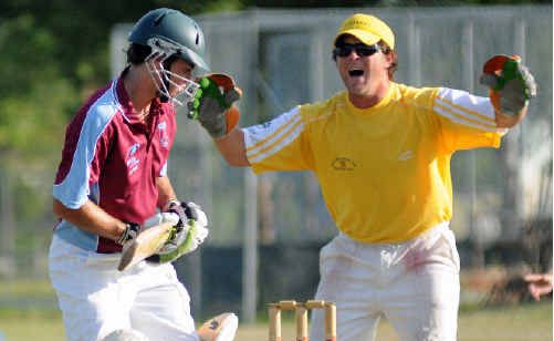Jason Rainbow celebrates the dismissal of Jarrad Lynch. Jason Rainbow celebrates the dismissal of Jarrad Lynch.