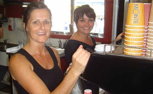 Collette Adams and Clare Bourke of the Sound Lounge Cafe at Yamba enjoying the slower pace this week. During the summer holidays the cafe was churning through more than 10kg of coffee beans a day. Collette Adams and Clare Bourke of the Sound Lounge Cafe at Yamba enjoying the slower pace this week. During the summer holidays the cafe was churning through more than 10kg of coffee beans a day.