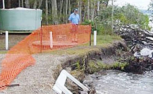 Poona’s Mike Hart stands near the waste treatment plant that he fears will one day fall off the edge of Poona’s foreshore if erosion at the site continues. Poona’s Mike Hart stands near the waste treatment plant that he fears will one day fall off the edge of Poona’s foreshore if erosion at the site continues.