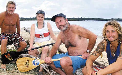 Four of the eight paddlers from the two outrigger canoes that got into strife in the Ballina bar (from left) Raz Burtonwood, Canadian Rama Gilverson, Steve Posselt and Englishman Harry Chamas. Four of the eight paddlers from the two outrigger canoes that got into strife in the Ballina bar (from left) Raz Burtonwood, Canadian Rama Gilverson, Steve Posselt and Englishman Harry Chamas.