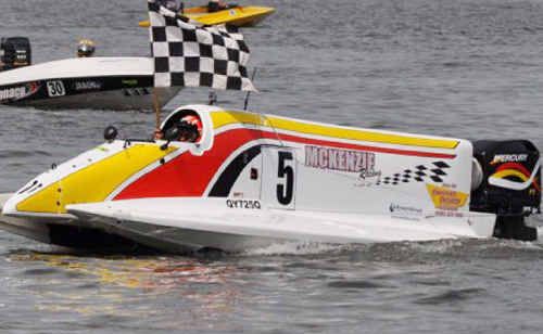 Damien McKenzie leads the Australian Formula Powerboat Grand Prix series. Damien McKenzie leads the Australian Formula Powerboat Grand Prix series.