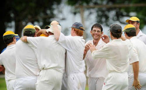 Westlawn celebrate another Tucabia Blue wicket at Ulmarra yesterday. Bowler John Blanch was again the hero with six wickets. Westlawn celebrate another Tucabia Blue wicket at Ulmarra yesterday. Bowler John Blanch was again the hero with six wickets.