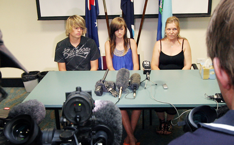 Cameron and Kiera Grieve tell a press conference about the tragic events which led to their mother Pauline's drowning on Sunday. Also pictured here is Pauline's sister Lara Thompson. Cameron and Kiera Grieve tell a press conference about the tragic events which led to their mother Pauline's drowning on Sunday. Also pictured here is Pauline's sister Lara Thompson.