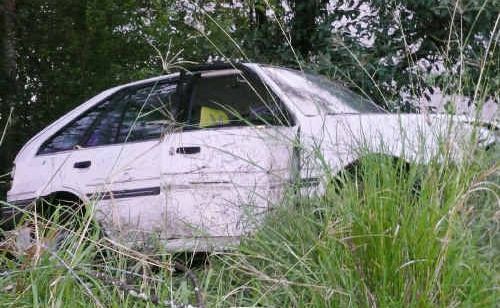 Jamie Noy’s damaged car after crashing on the Lawrence Road. Jamie Noy’s damaged car after crashing on the Lawrence Road.