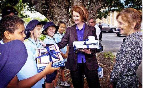 February 2010: Deputy Prime Minister Julia Gillard and Federal Member for Page Janelle Saffin accepted gifts from Ballina Public School students during Ms Gillard’s visit to the region. February 2010: Deputy Prime Minister Julia Gillard and Federal Member for Page Janelle Saffin accepted gifts from Ballina Public School students during Ms Gillard’s visit to the region.